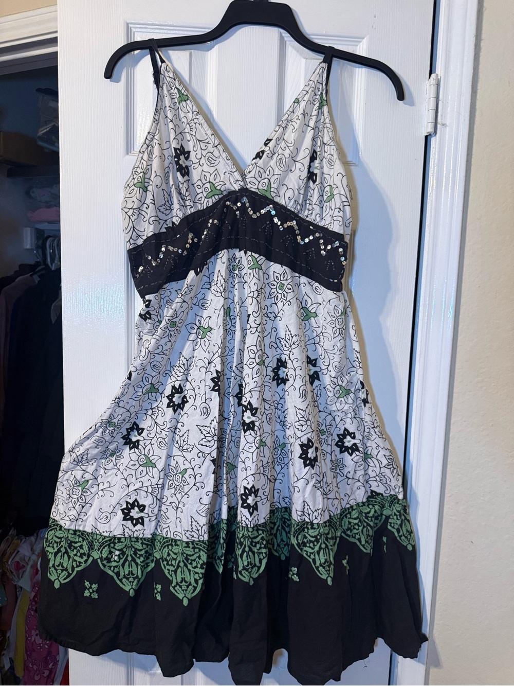 Uniti Casual White, Black & Green Floral V-Neck Sundress